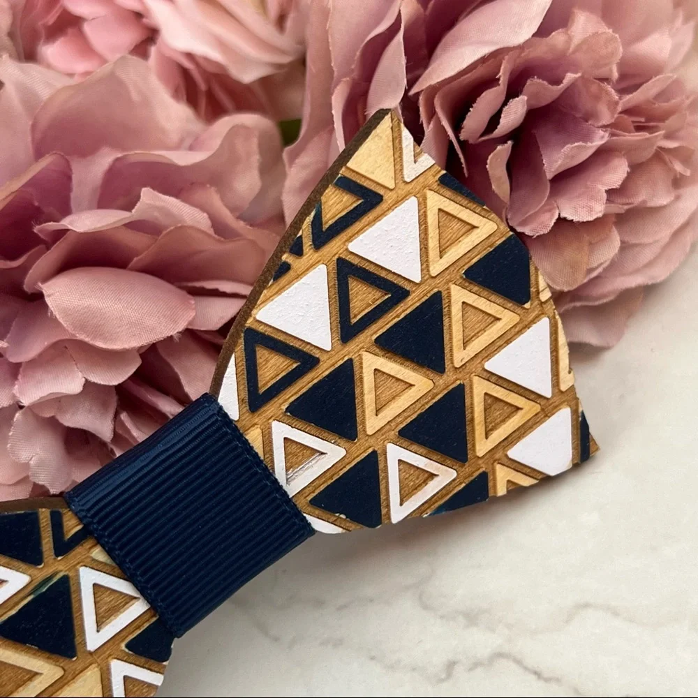 Hand Crafted Blue and White Geometric Wood Butterfly Bow Tie - Picture 7 of 16